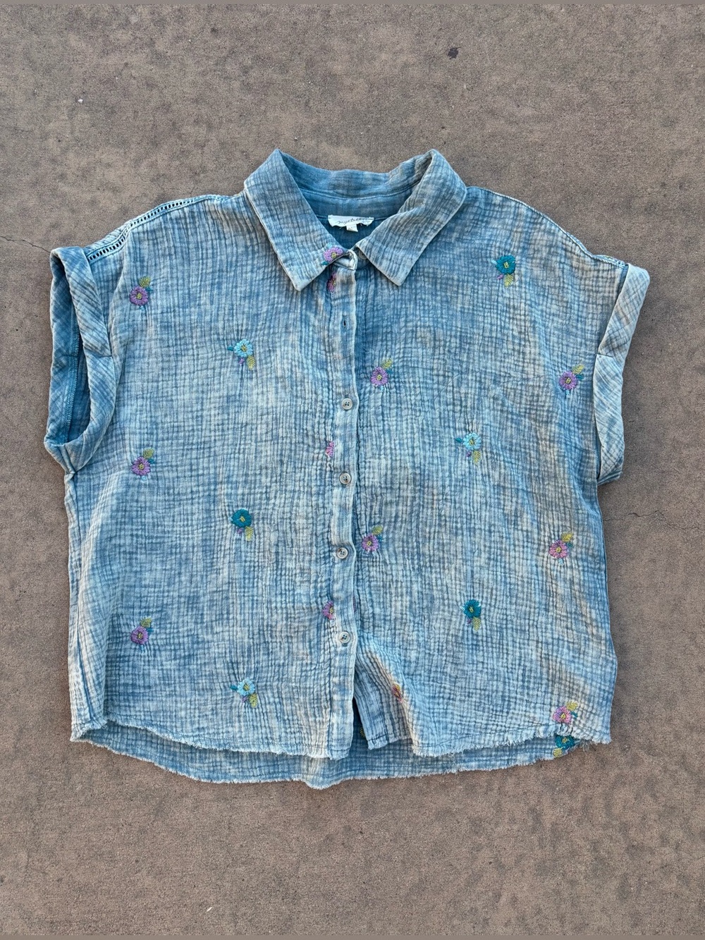 Mystree 100% Cotton Floral Embroidered Boho Gauze Button Front Shirt Size Large